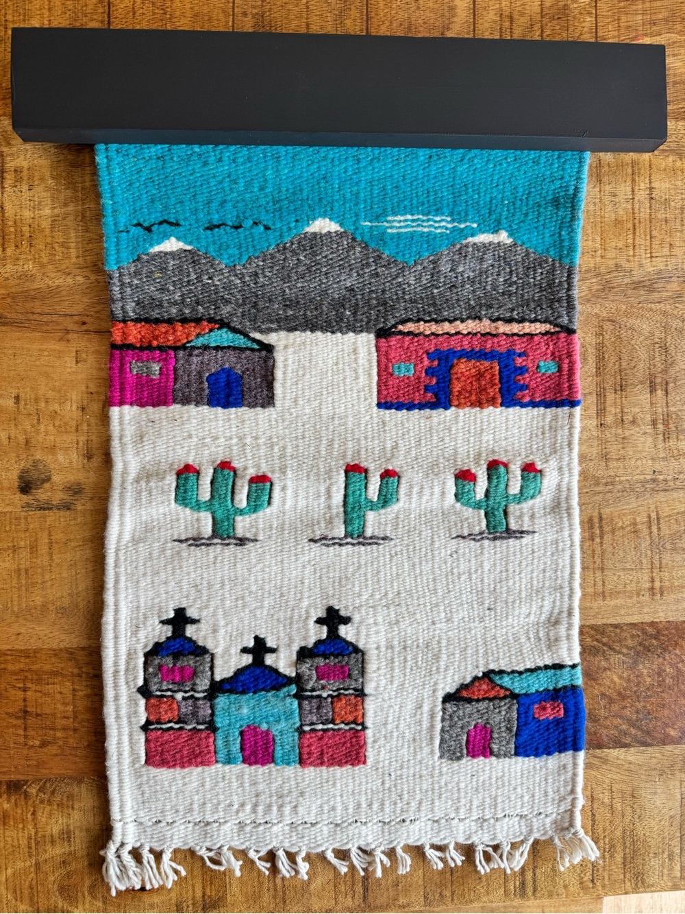 Handwoven Southwestern Textile Wall Hanging in Turquoise, Pink & Red
